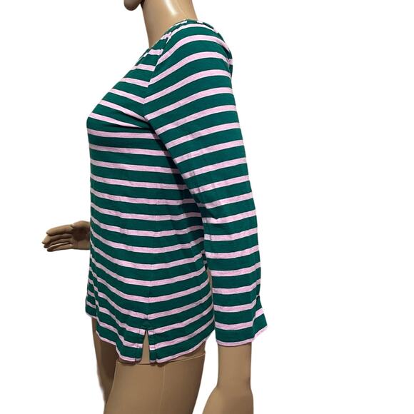 J. Crew XS Womens Nautical Top Green & Pink Stripes 3/4 Sleeves Boat Neck Preppy - Picture 4 of 14
